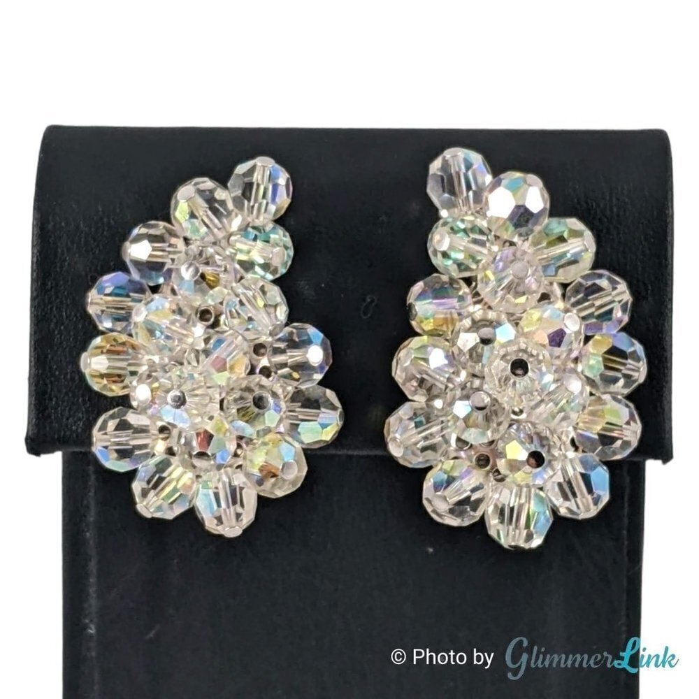 VTG AB Aurora Borealis Beaded Paisley Cluster Silver Tone Clip On Earrings